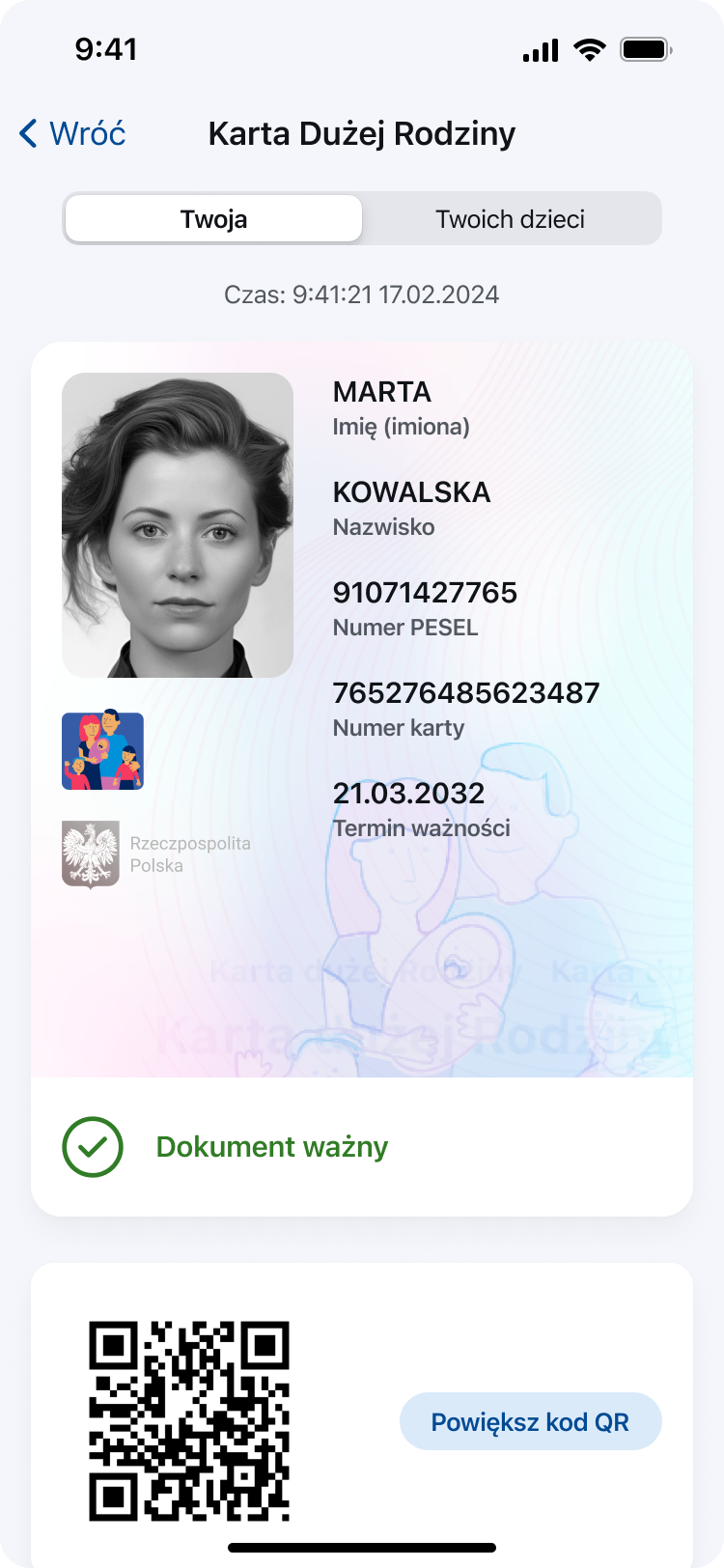Ekran dokumentu Karta Dużej Rodziny w aplikacji mObywatel.
