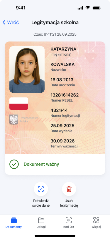 Ekran dokumentu Legitymacja szkolna w aplikacji mObywatel.