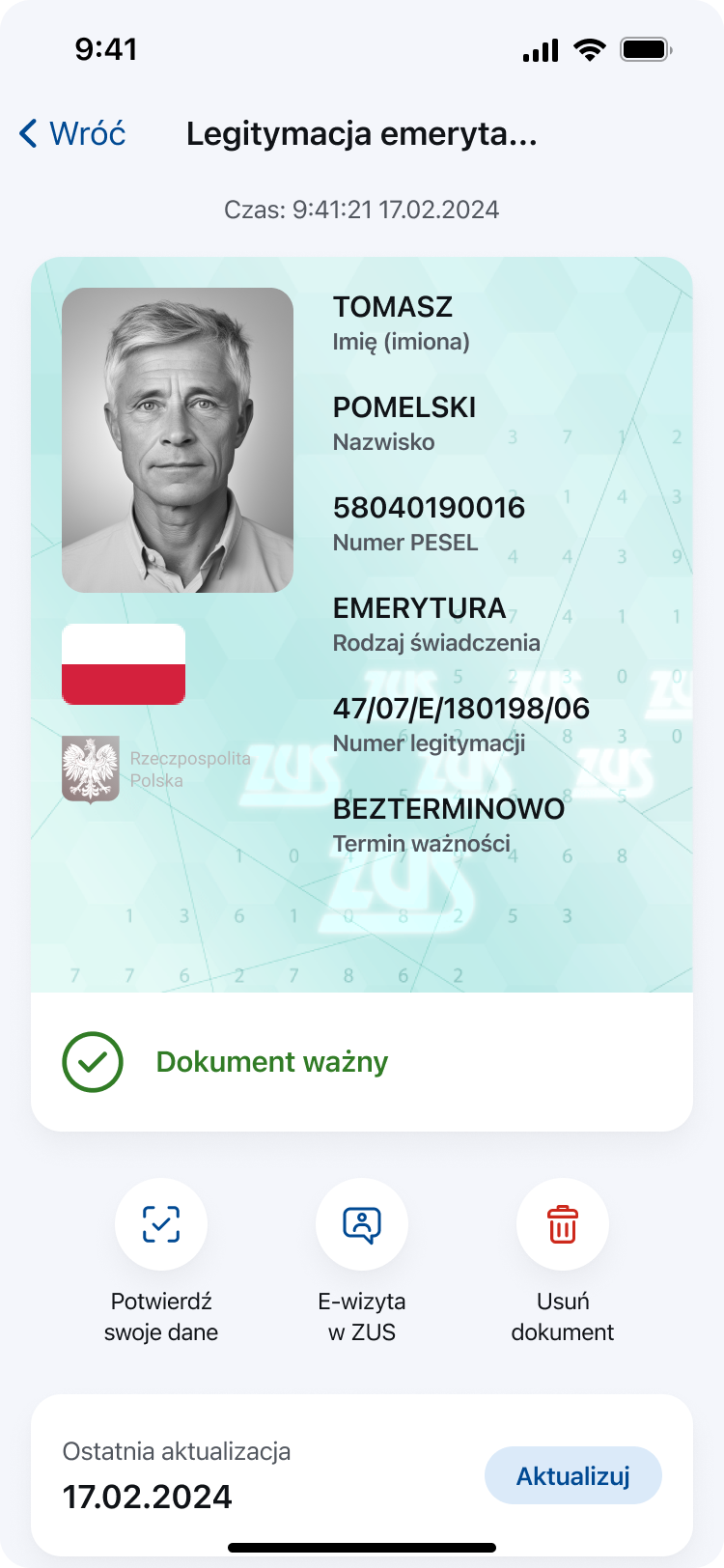 Ekran dokumentu Legitymacja emeryta-rencisty w aplikacji mObywatel.