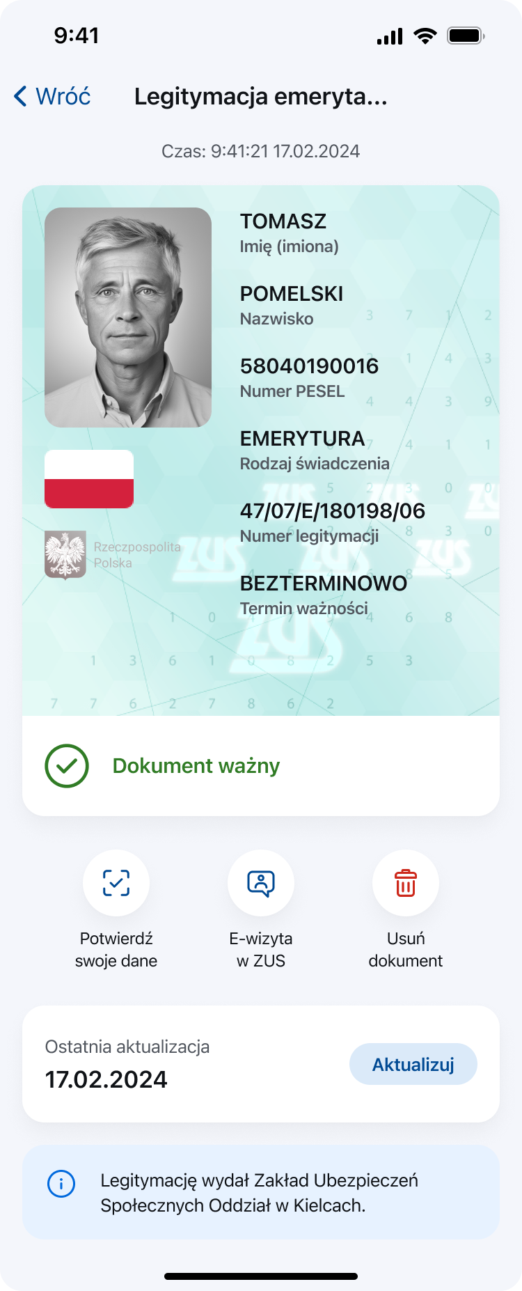 Ekran dokumentu Legitymacja emeryta-rencisty w aplikacji mObywatel z oznaczeniem najważniejszych elementów. 