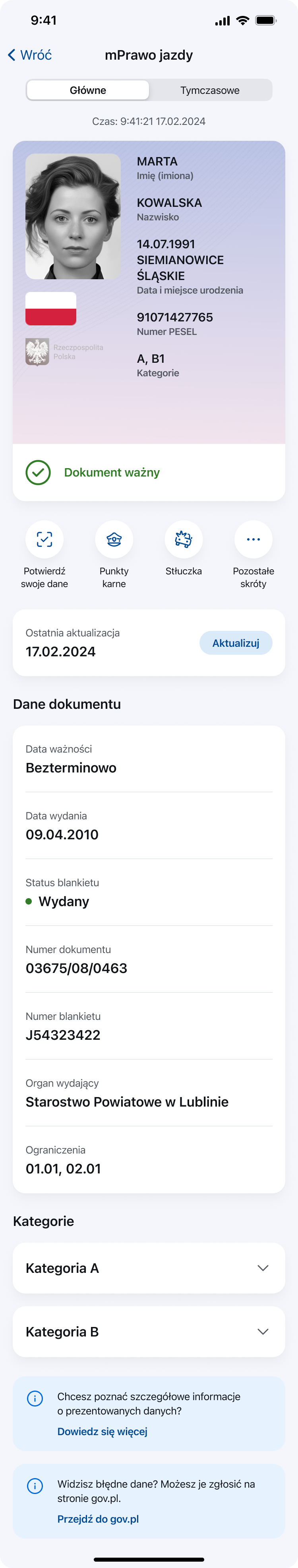 Ekran dokumentu mPrawo jazdy w aplikacji mObywatel z oznaczeniem najważniejszych elementów. 