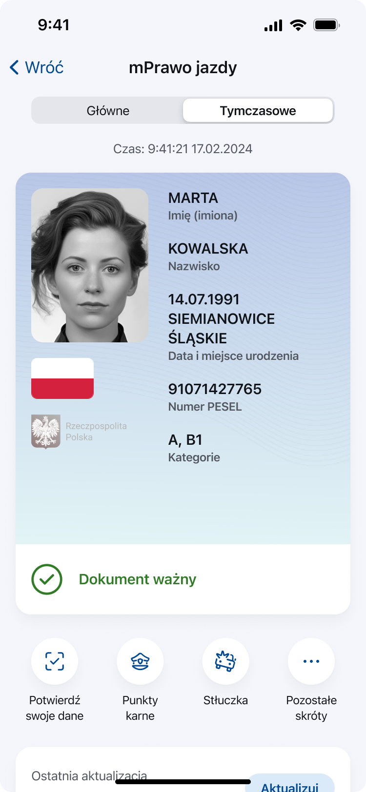 Ekran dokumentu tymczasowe elektroniczne prawo jazdy w aplikacji mObywatel.